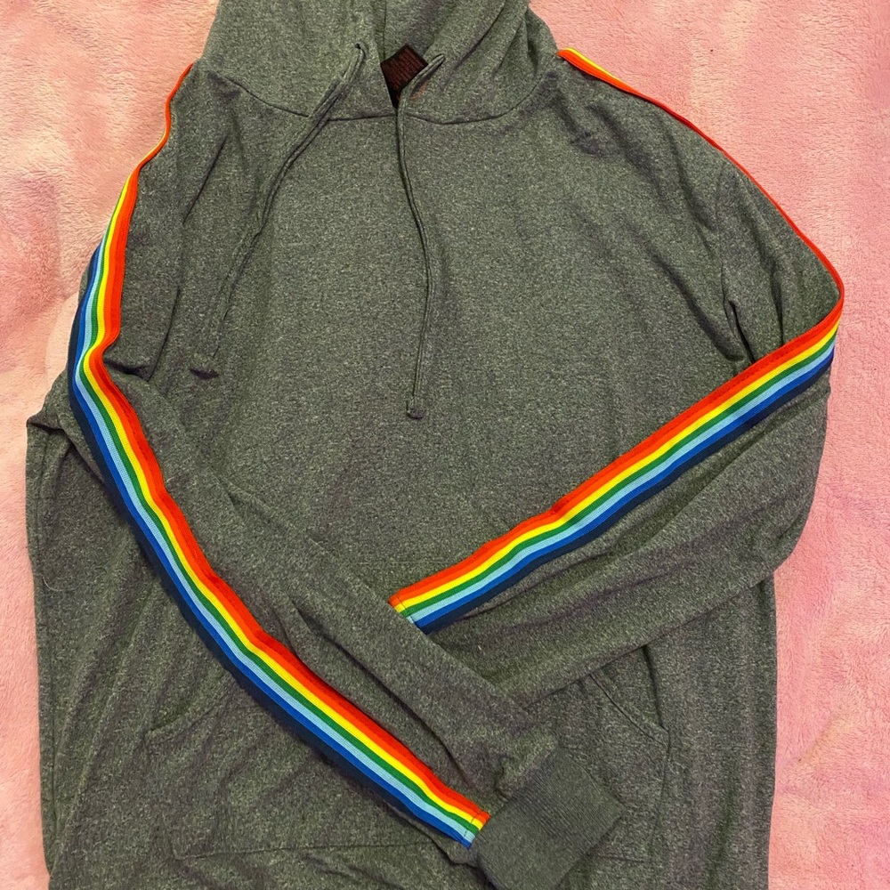 grey sweatshirt with rainbow stripes
